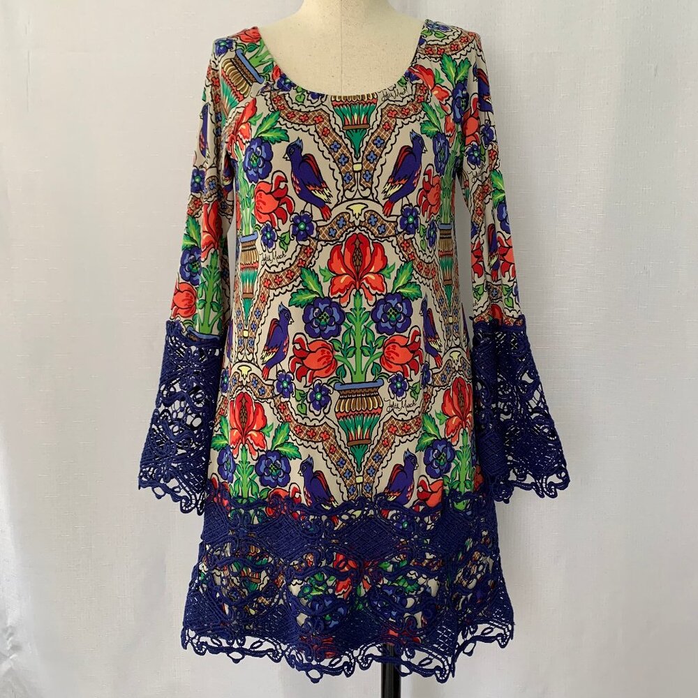 JUDITH MARCH Floral Bird Signature Print Crochet Trim Lined Boho Dress